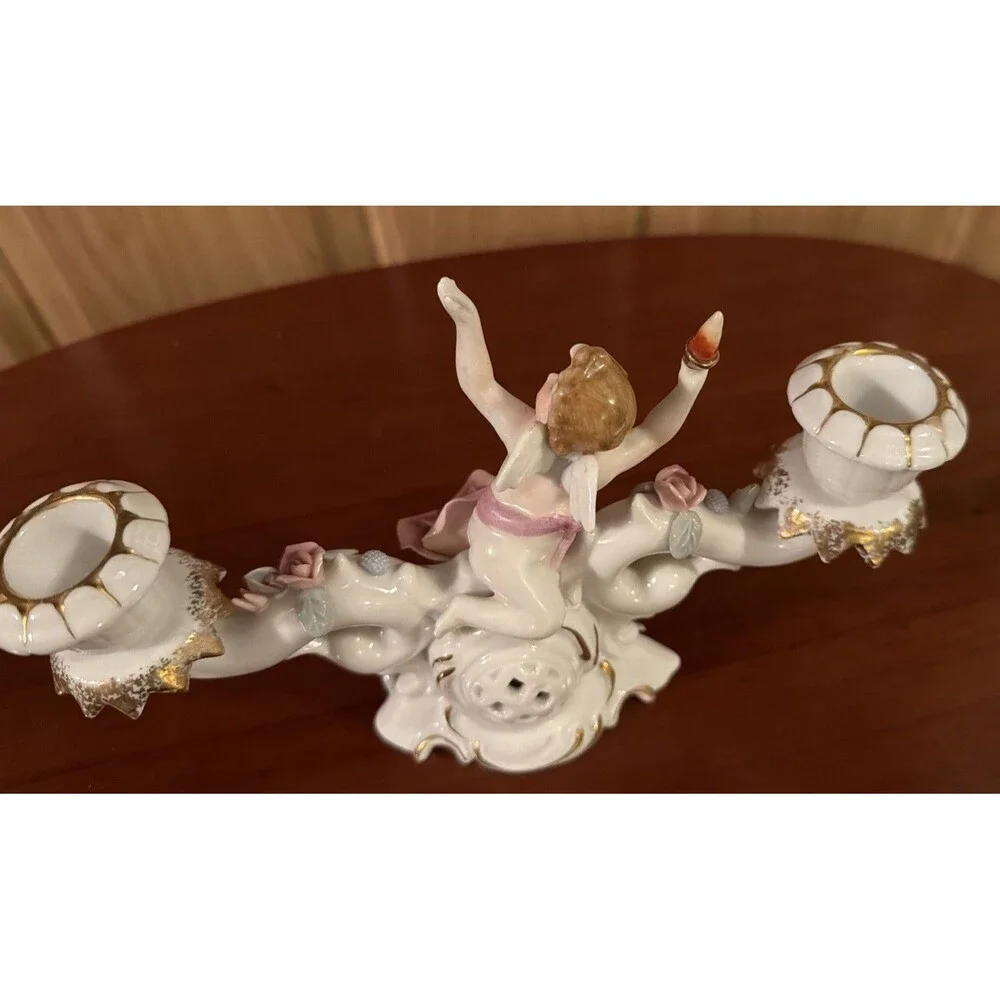 UCACGO Double Candlestick Holder Cherub Pink Roses Hand Painted Porcelain. Japan